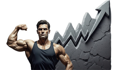 Muscular man flexing his biceps isolated on white background, with growth chart