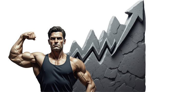 Muscular man flexing his biceps isolated on white background, with growth chart - Powered by Adobe