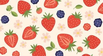 A seamless pattern featuring strawberries flowers and blackberries.