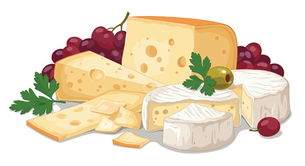 A detailed illustration of an assortment of cheese and grapes.