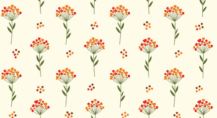 A charming seamless pattern of stylized autumn flowers in orange and red with green stems on a light cream colored background.