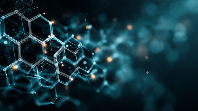 Abstract medical technology interface with geometric patterns in teal and navy gradient, circuit-like lines, digital mesh overlay, military-grade aesthetic