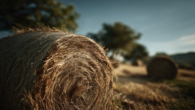 Close-up of a hay bale, golden tones, rural scene