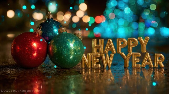 Shiny red and green christmas ornaments and golden happy new year text with bokeh lights - Powered by Adobe