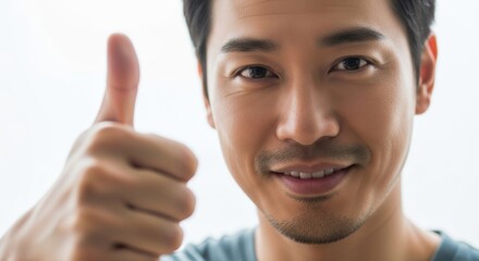 close-up portrait of a confident young man giving a thumbs-up gesture smiling warmly at the camera