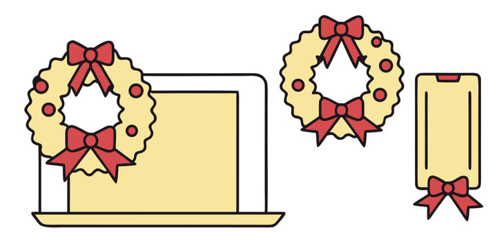 Christmas wreaths adorn a laptop and a smartphone, suggesting festive technology and holiday greetings.