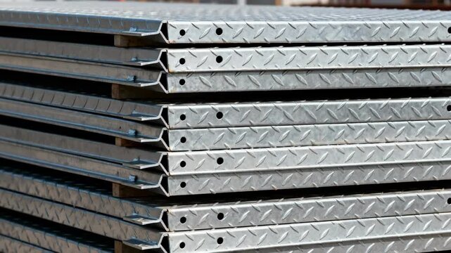 Close medium shot of steel deck panels stacked featuring textured surfaces and edges that illustrate quick assembly and versatility in construction projects.