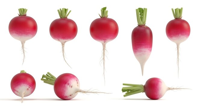 Fresh radishes arranged against a clean white background for culinary presentations or healthy eating concepts