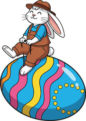 Cute cartoon easter rabbit wearing overalls and hat riding a large colorful egg, vector illustration isolated on white background.
