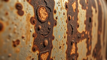 oxidized. Close-up of oxidized steel surface with intricate rust patterns, showcasing metallic weathering details under directional light. safety posters.