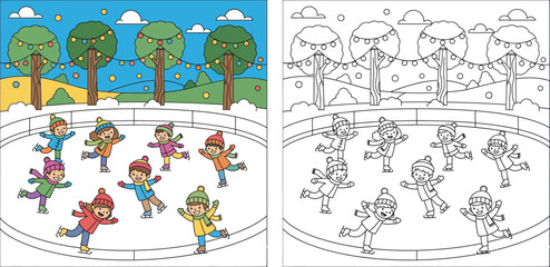 Coloring book page for kids winter activity. Vector illustration of cute children ice skating on rink with colored example and outline sketch.