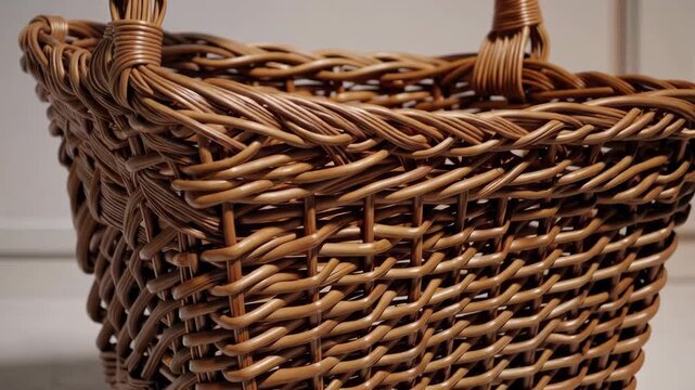 Wicker basket craftsmanship detail with natural brown woven texture, simple design and handle, traditional handmade home decor storage, closeup