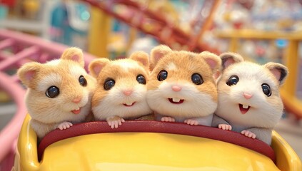Four tiny hamsters, fluffy and cheerful, ride a bright yellow carousel ride