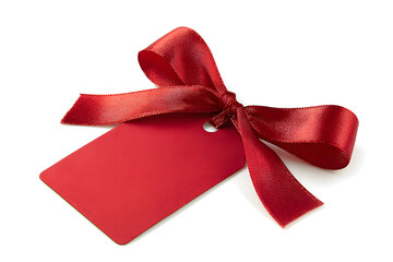 Bright red gift tag adorned with smooth satin ribbon, elegant and festive, isolated on white background.
