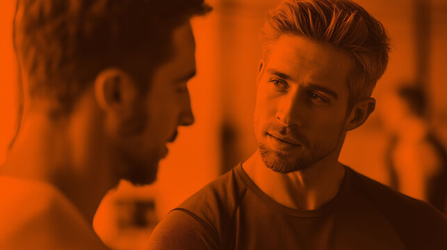 A male coach guiding his client in a minimal setting with warm orange tones