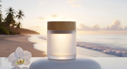 Elegant skincare product with orchid blossom on tropical beach at sunrise provides a calming, natural beauty vibe
