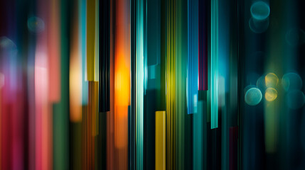 Vibrant neon columns with time-warp effect, scanlines, and lens flare in a colorful ribbon wall