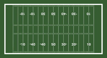Overhead view of an American football field with yard lines and numbers.
