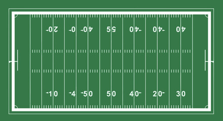 Overhead view of an American football field with yard lines and numbers on a green background.