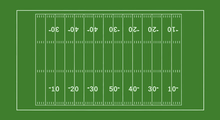 Overhead view of a football field with yard lines and numbers.