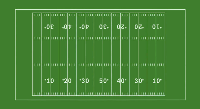 Overhead view of a football field with yard lines and numbers.