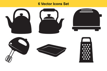 Black kitchen utensil icons including kettles toaster mixer tray and grater on a white background bundle set