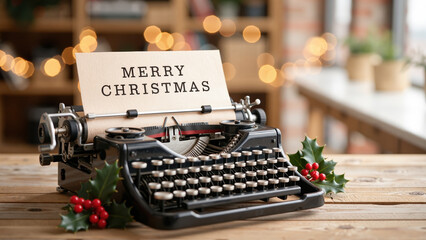 old typewriter on a wooden table holding a paper with a merry christmas greeting, surrounded by festive lights and holiday decorations