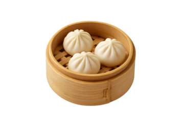 Baozi dumplings steaming in bamboo basket at restaurant