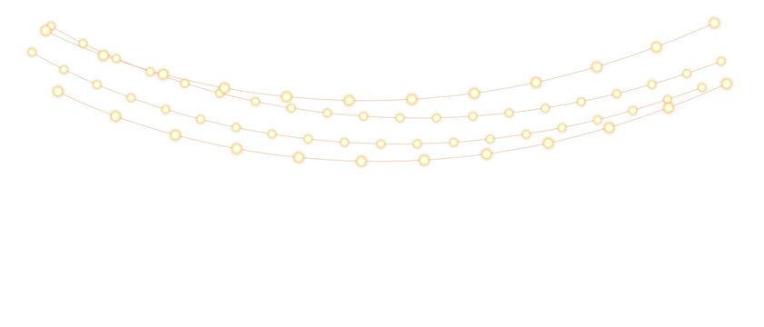 Soft glowing Christmas string lights on transparent background, warm festive garland bokeh overlay for holiday decoration