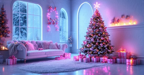 Festive interior scene. Christmas trees, gifts, sofa present cozy winter holiday atmosphere. Bright lights illuminate room.