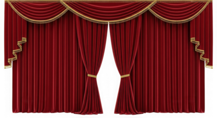 Elegant red velvet stage curtains with ornate gold trim isolated on transparent background