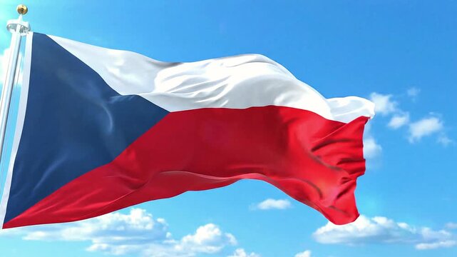Czech Republic flag with blue triangle and red-white stripes waving in bright sky with clouds.