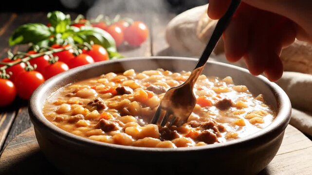 Hearty homemade bean and pasta stew served with fresh bread and tomatoes, rustic cooking