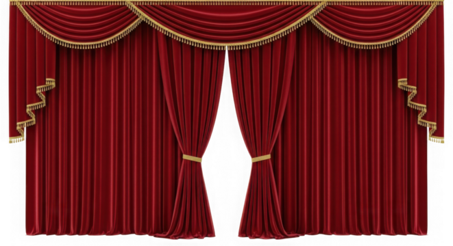 Elegant red velvet stage curtains with ornate gold trim isolated on transparent background