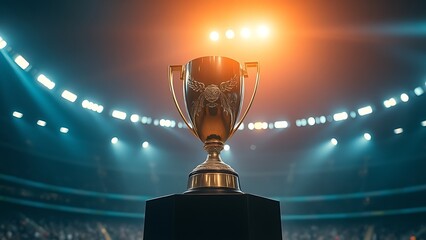 celebratio. A prestigious soccer trophy illuminated under dramatic and atmospheric stadium lights. event key visuals, club posters, designed for sports event promotions and stadium branding.
