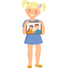 Young Girl In A Blue Dress Holding A Framed Picture Of A Family With Blonde Hair And Smiling Faces And Yellow Hair Bows