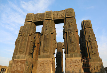 Close up of The  Chronicles of Georgia with Blue Sky Background in Tbilisi, Georgia