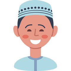 Young Muslim Man Wearing A Light Blue Kufi Cap And Kufi Shirt Smiling With Eyes Closed And Rosy Cheeks Representing Joy And Happiness With A Transparent Background