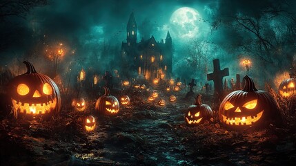 Halloween Jack-o'-lantern Haunted House Graveyard Scene Blue Tone Horror Atmosphere Poster Film Decor Material