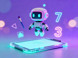 Charming robot artist creating vibrant digital artwork on glowing tablet with floating shapes and numbers in a modern neon setting