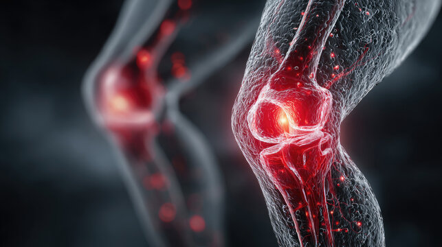 Human knee joint displaying viral or bacterial infection, causing significant inflammation and severe damage to surrounding bones and cartilage, representing disease progression and localized pain
