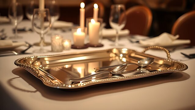 unanimity. Polished silver tray on a formal dining table reflecting fine cutlery and candlelight in soft ambient lighting. lifestyle magazines.