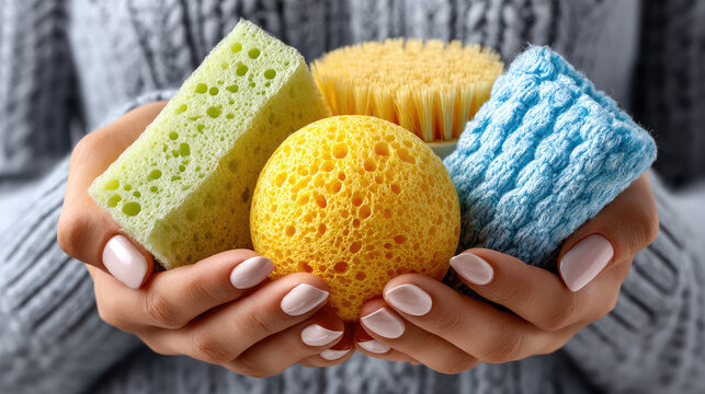 woman holding sponges and cloths while shopping for home cleaning tools in supermarket, household supplies and hygiene concept, domestic chores and housekeeping products