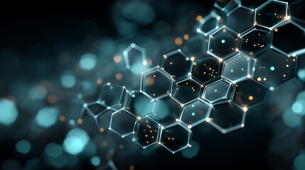 Abstract medical technology interface with geometric patterns in teal and navy gradient, circuit-like lines, digital mesh overlay, military-grade aesthetic, eye imagery, corporate style