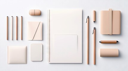 A clean, top-down view of minimalist stationery items including a spiral notebook, pens, pencils, an eraser, and a small notepad, arranged on a plain white surf