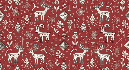 Seamless folk art pattern with white deer, flowers, and geometric shapes on a deep red background, evoking a festive or Nordic design.