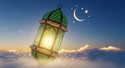 Ethereal Ramadan Lantern Casting Ornate Shadows on Clouds Under a Star-Filled Crescent Sky