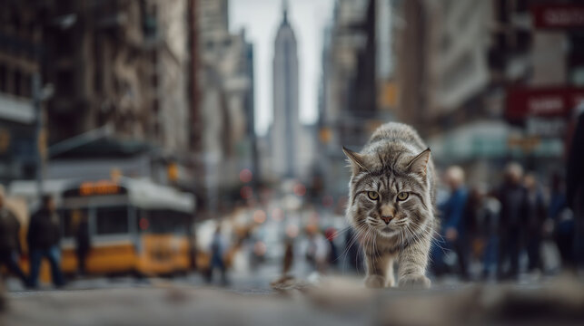 A towering perspective of a giant cat in NYC with forced foreshortening