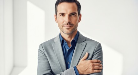 Professional confident businessman in formal gray suit with blue