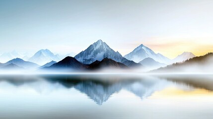 A serene landscape featuring a majestic mountain range shrouded in mist, with its reflection perfectly mirrored in a still lake during a soft sunrise.